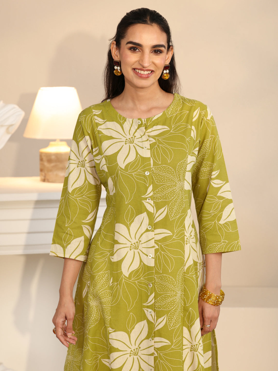  Libas Lime Green Floral Printed Cotton Blend A-line Kurta 