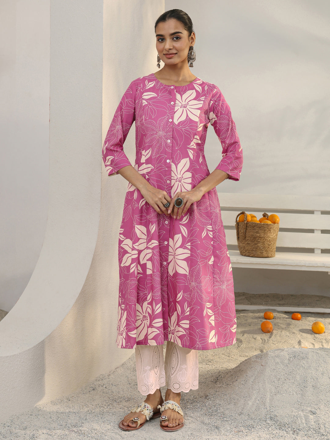  Pink Floral Printed Cotton Blend A-Line Kurta 