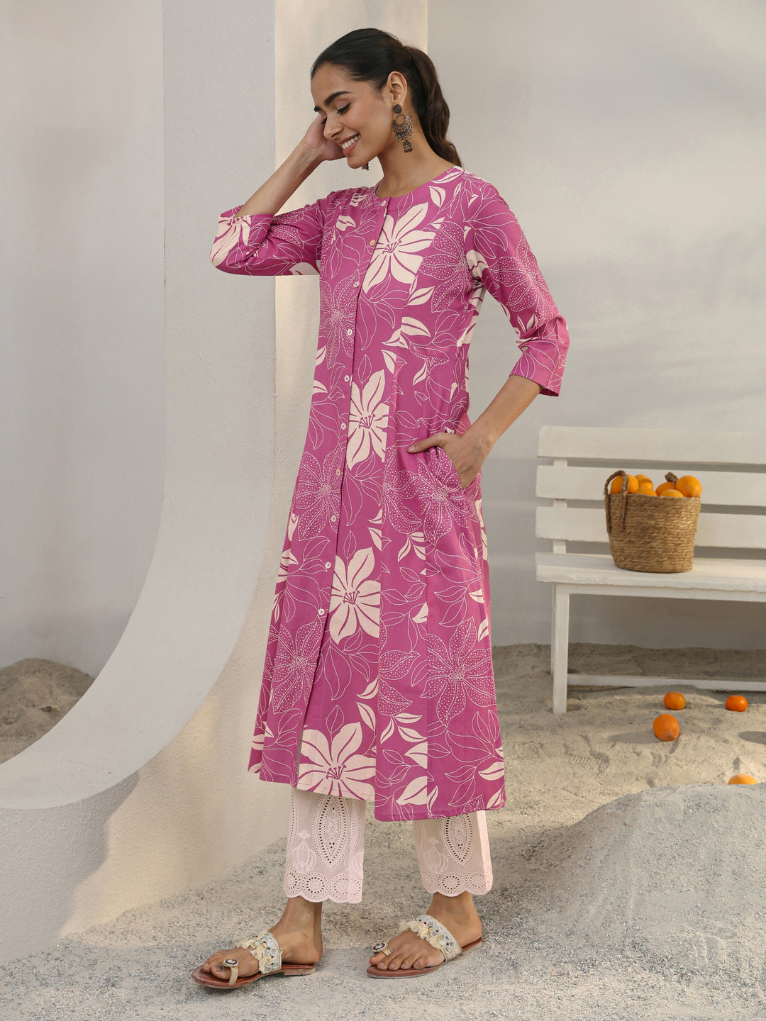  Pink Floral Printed Cotton Blend A-Line Kurta 