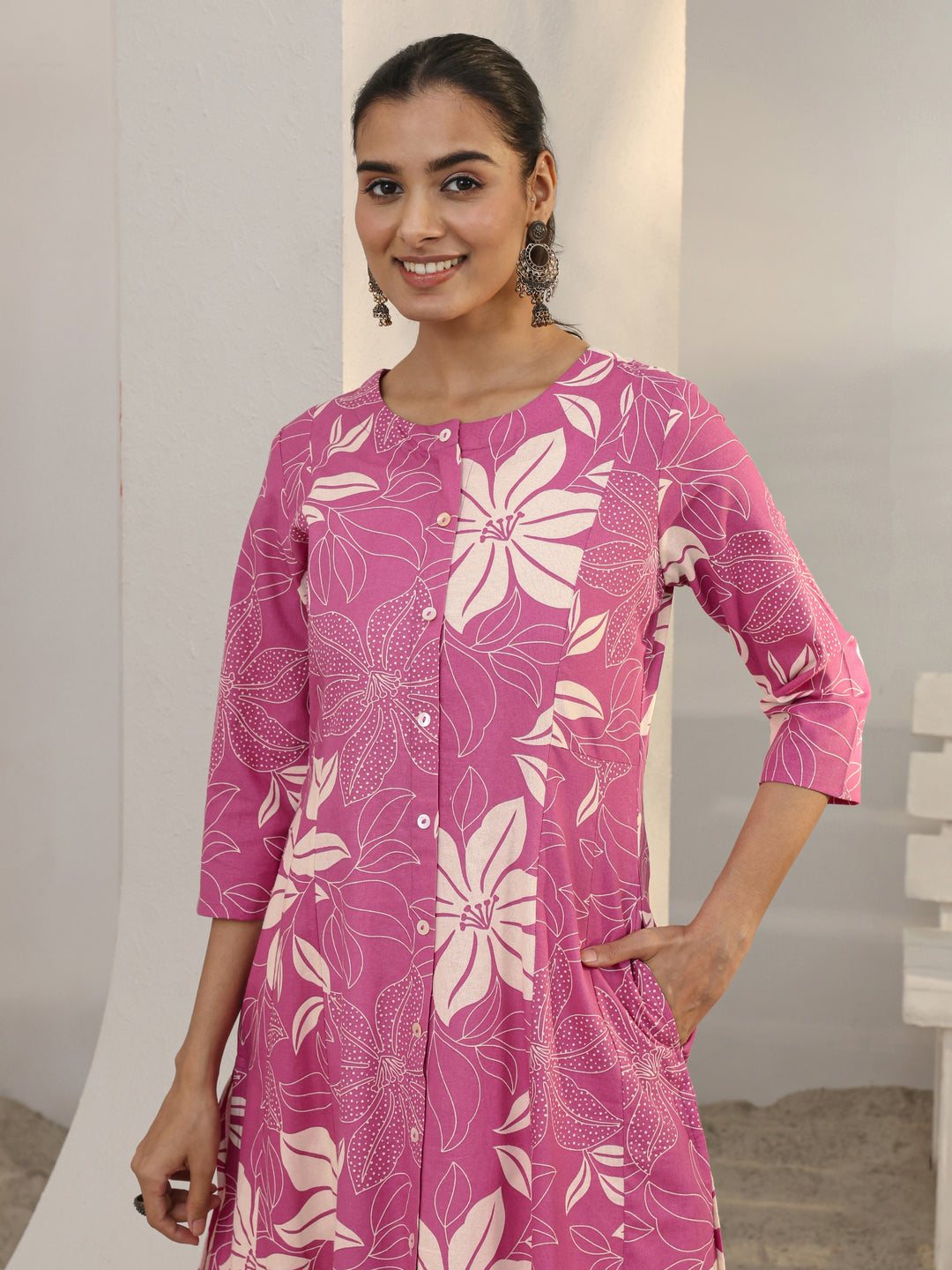  Pink Floral Printed Cotton Blend A-Line Kurta 