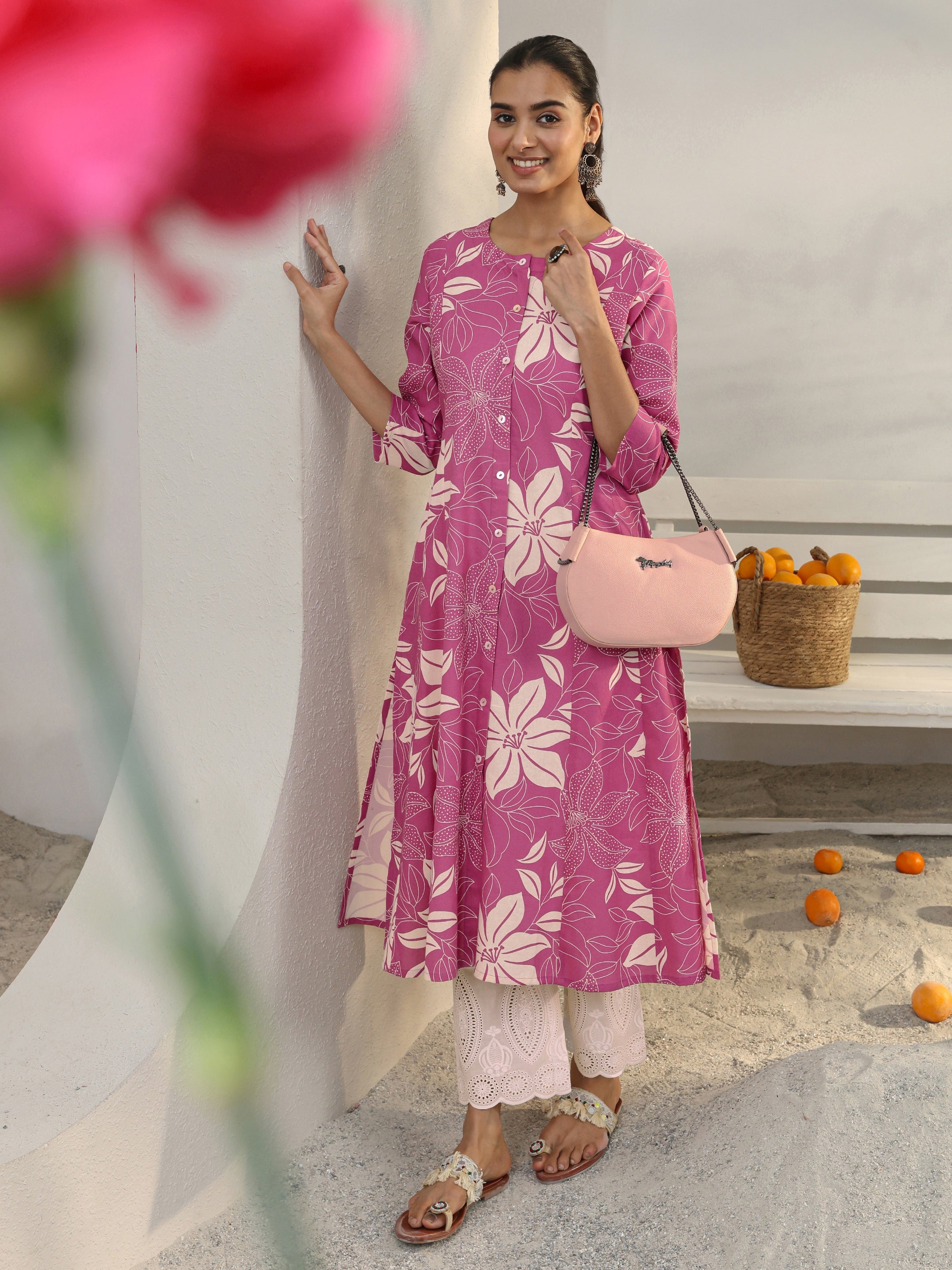 Libas Pink Floral Printed Cotton Blend A-Line Kurta-picture-10