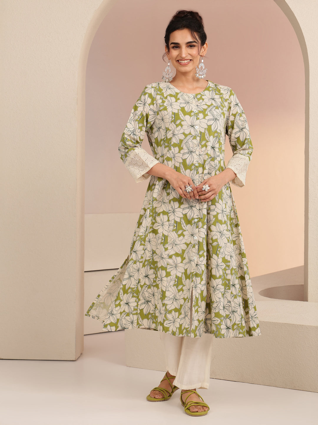  Green Floral Printed Cotton Blend A-Line Kurta 