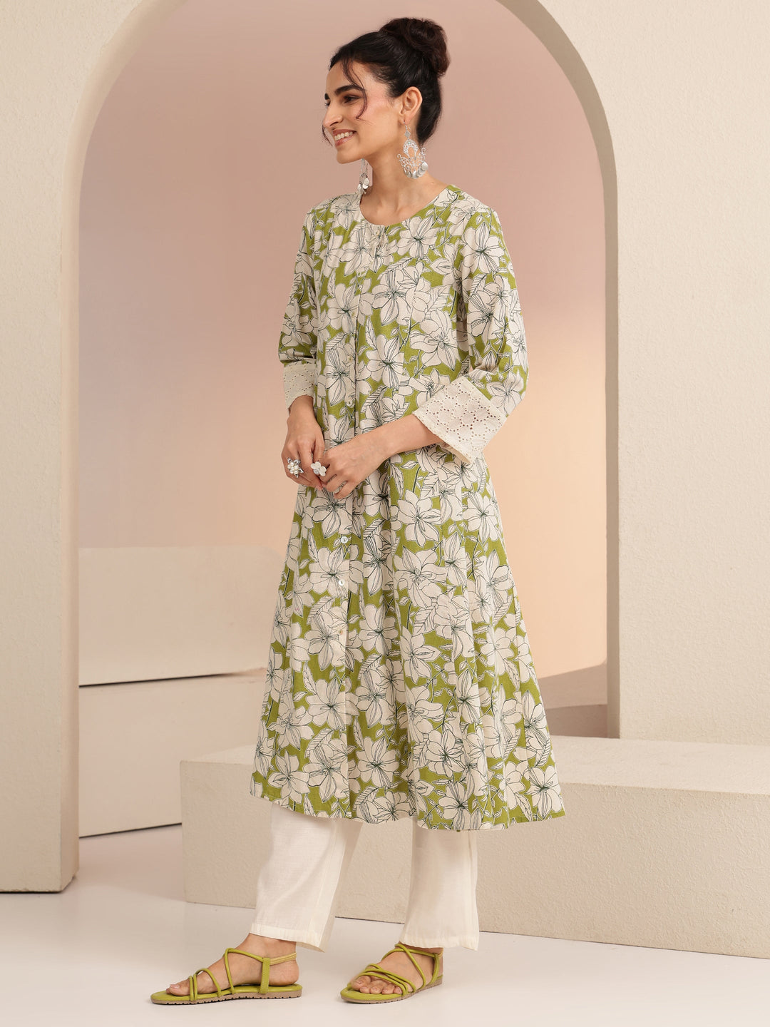  Green Floral Printed Cotton Blend A-Line Kurta 
