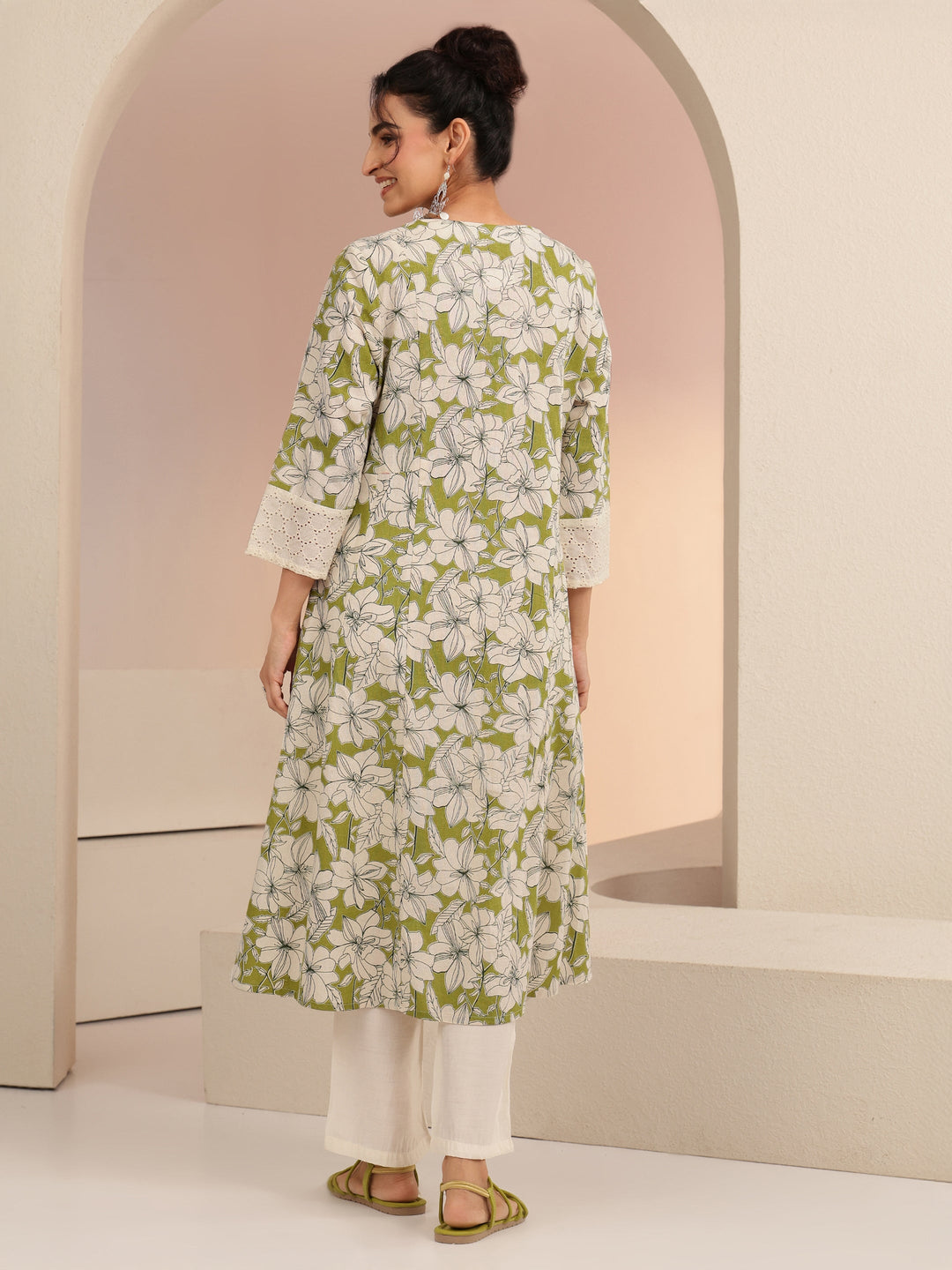  Green Floral Printed Cotton Blend A-Line Kurta 