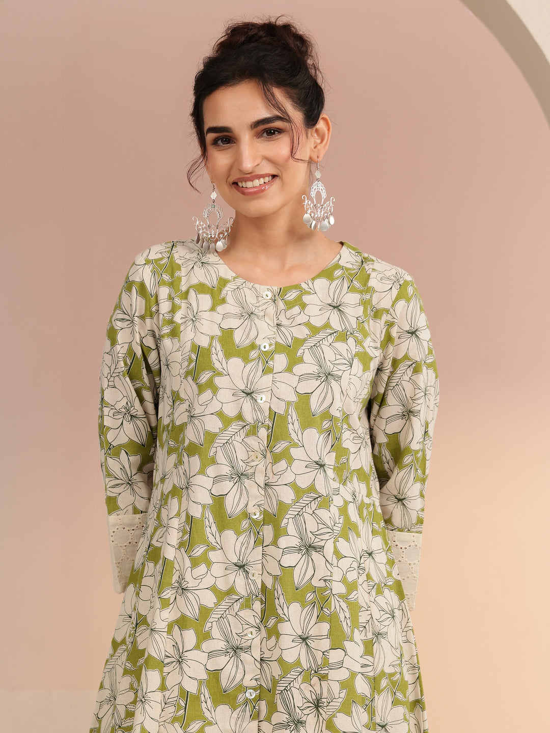  Green Floral Printed Cotton Blend A-Line Kurta 