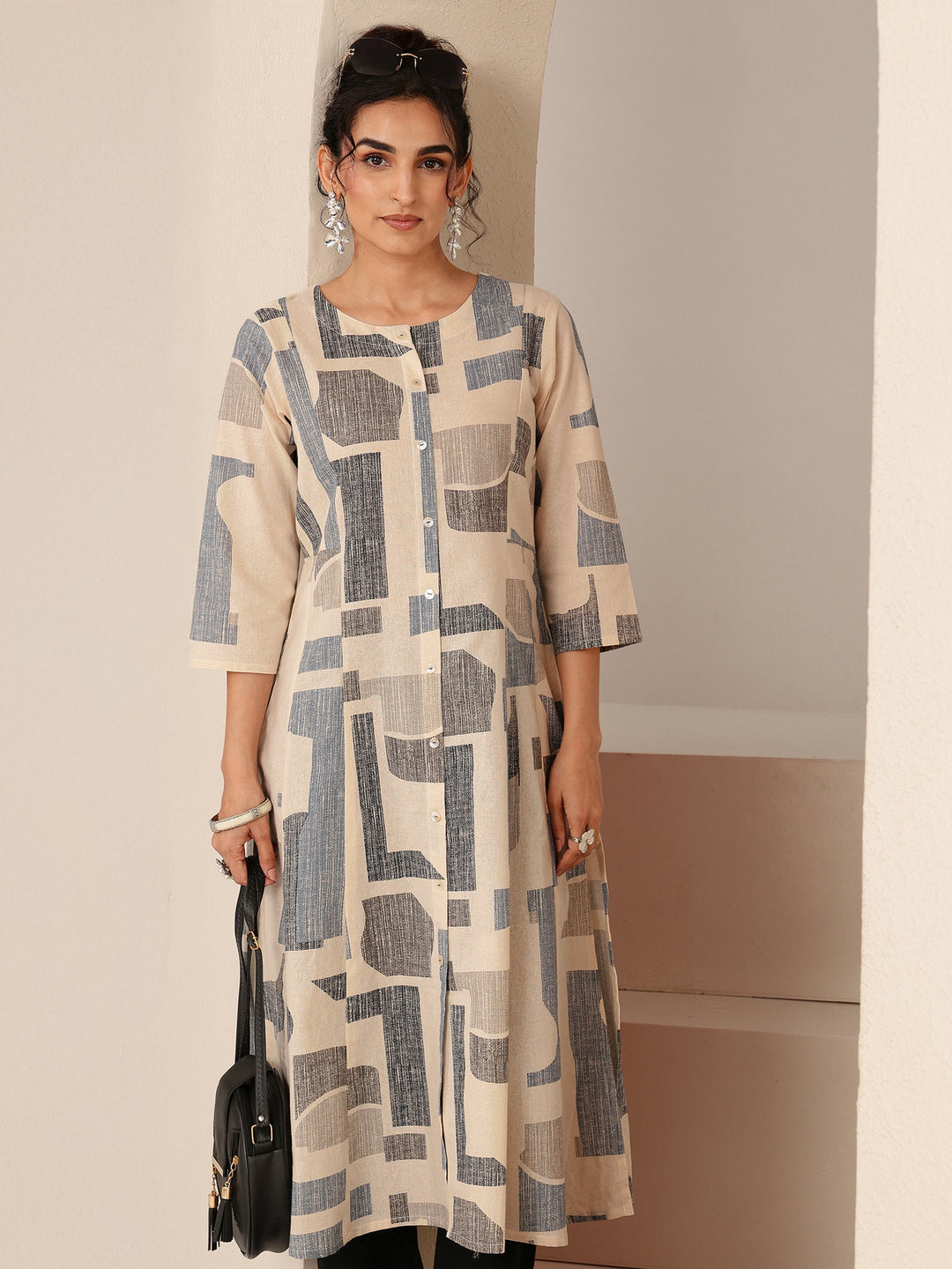  Ivory Geometric Print Silk Blend A-Line Kurta 