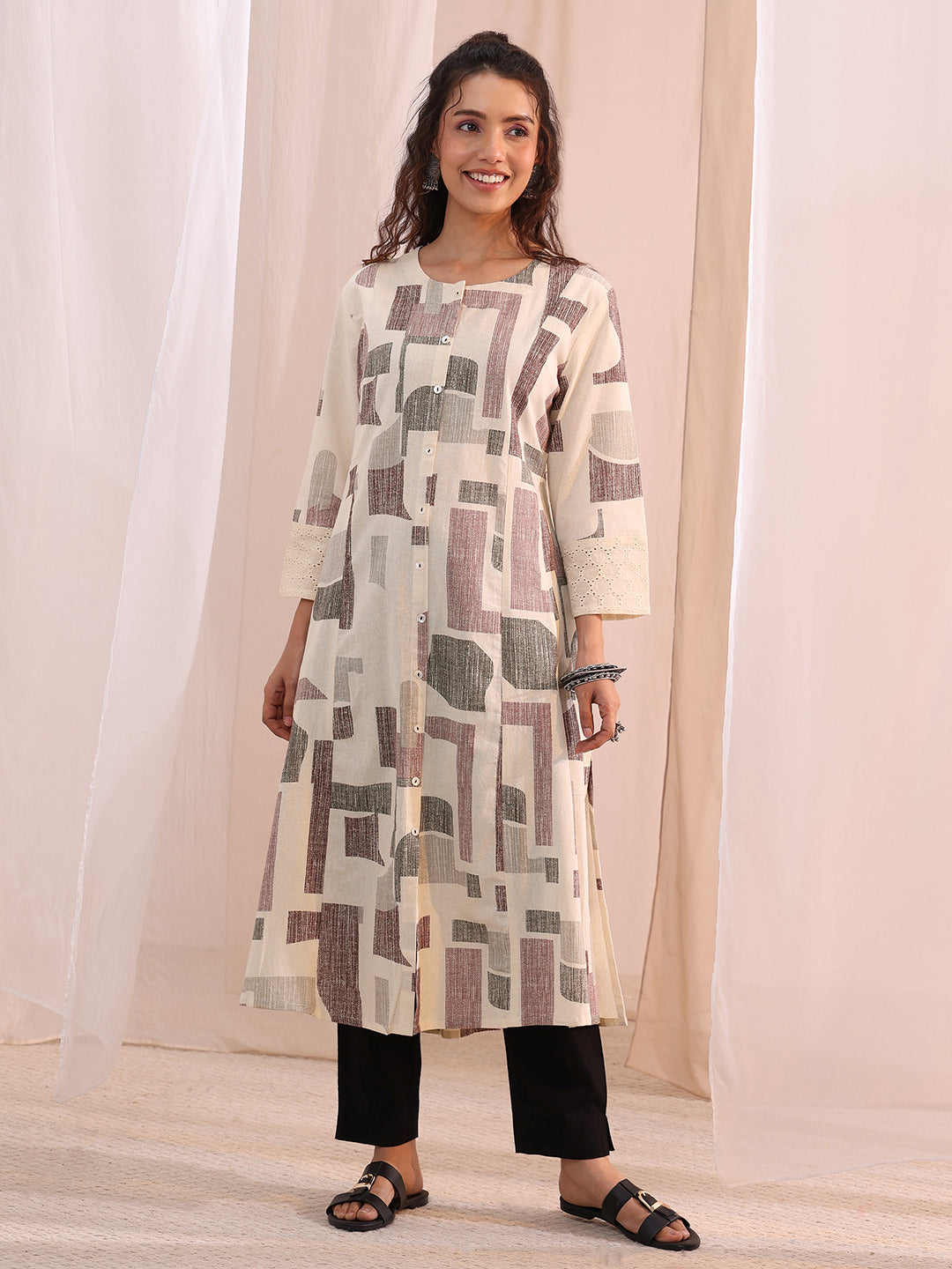  Off White Geometric Printed Cotton A-Line Kurta 