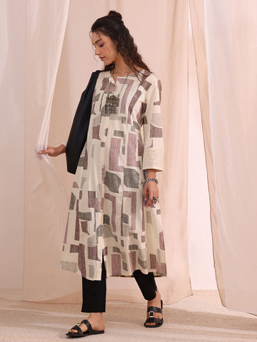 Off White Geometric Printed Cotton A-Line Kurta