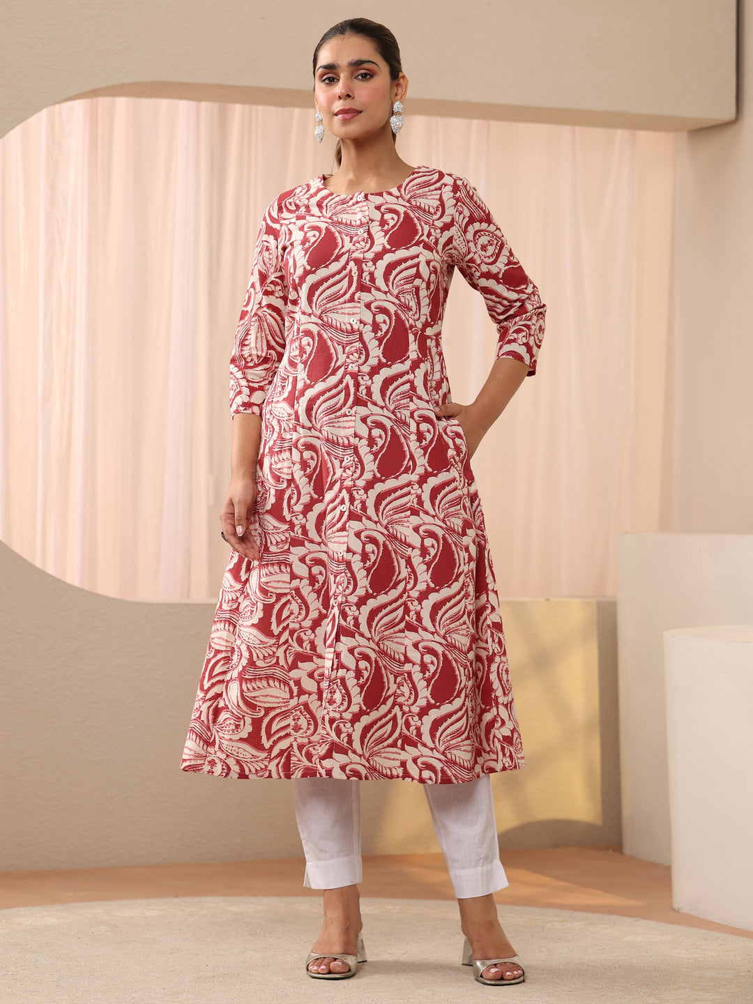  Red Printed Cotton Blend A-Line Shirt Style Kurta 