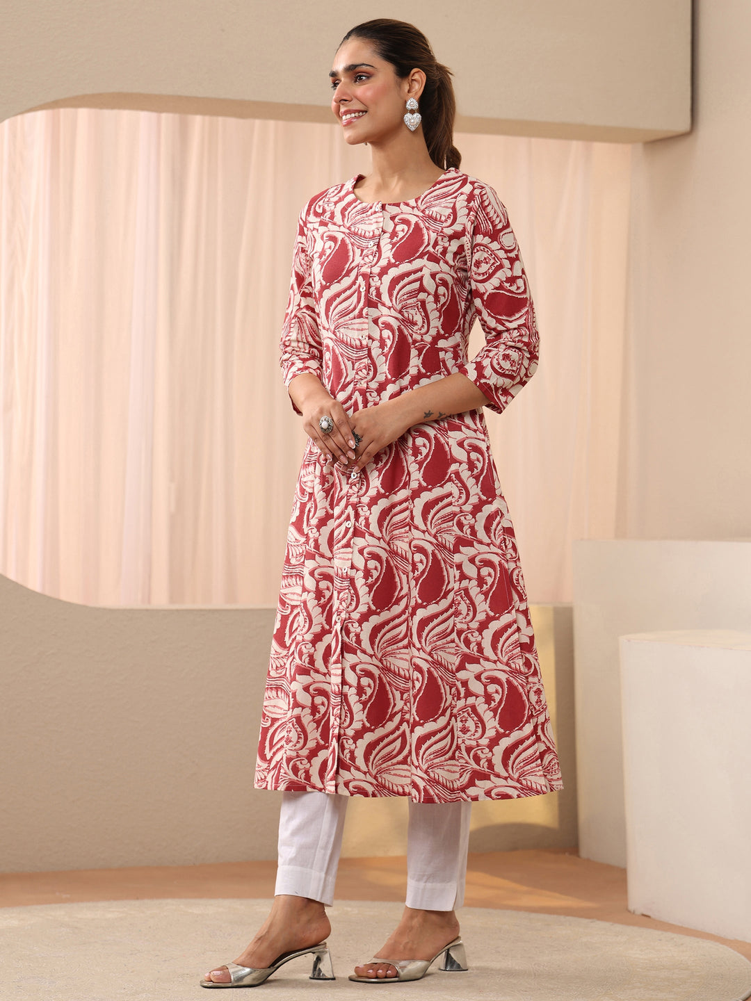  Red Printed Cotton Blend A-Line Shirt Style Kurta 