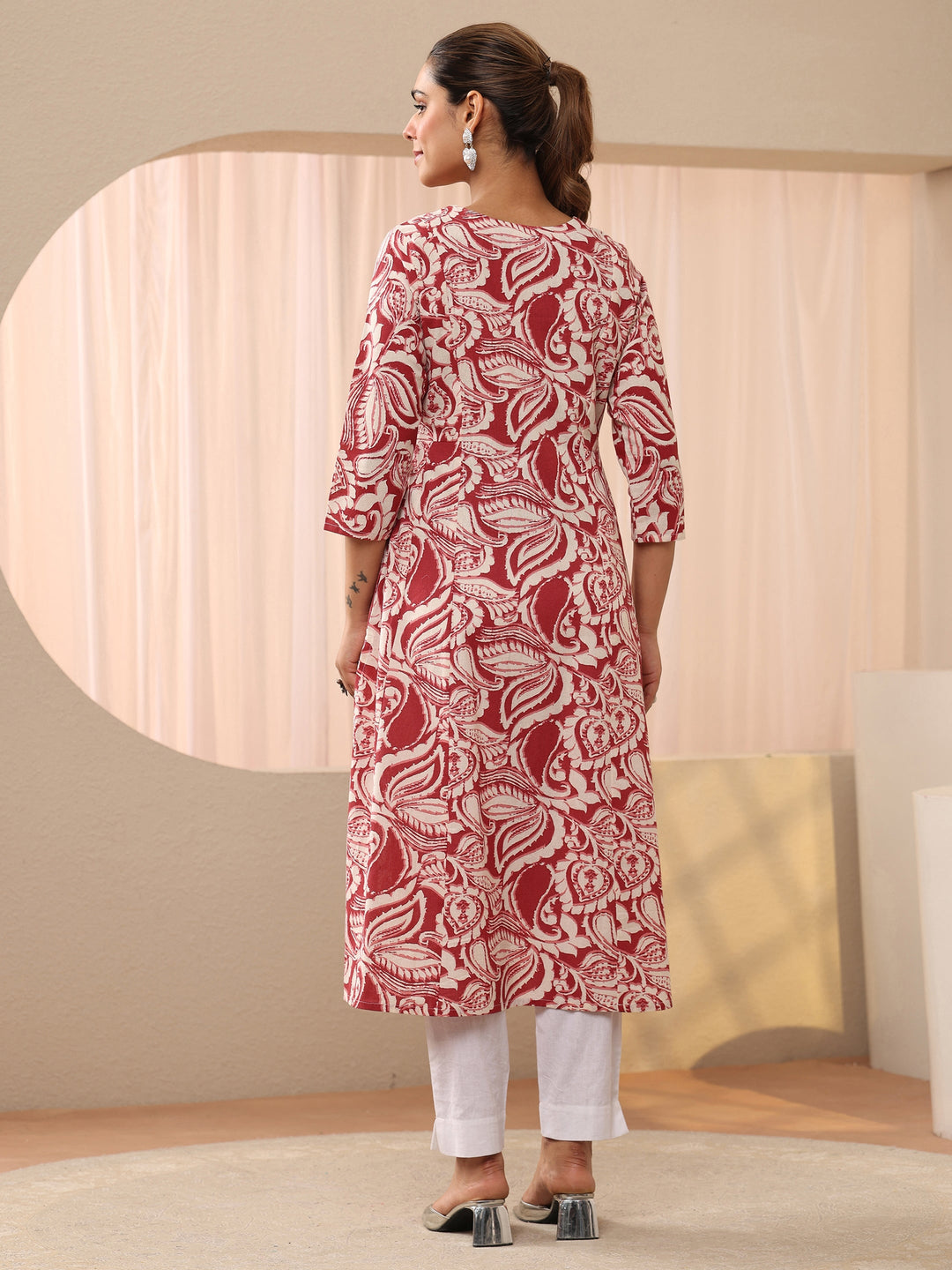  Red Printed Cotton Blend A-Line Shirt Style Kurta 