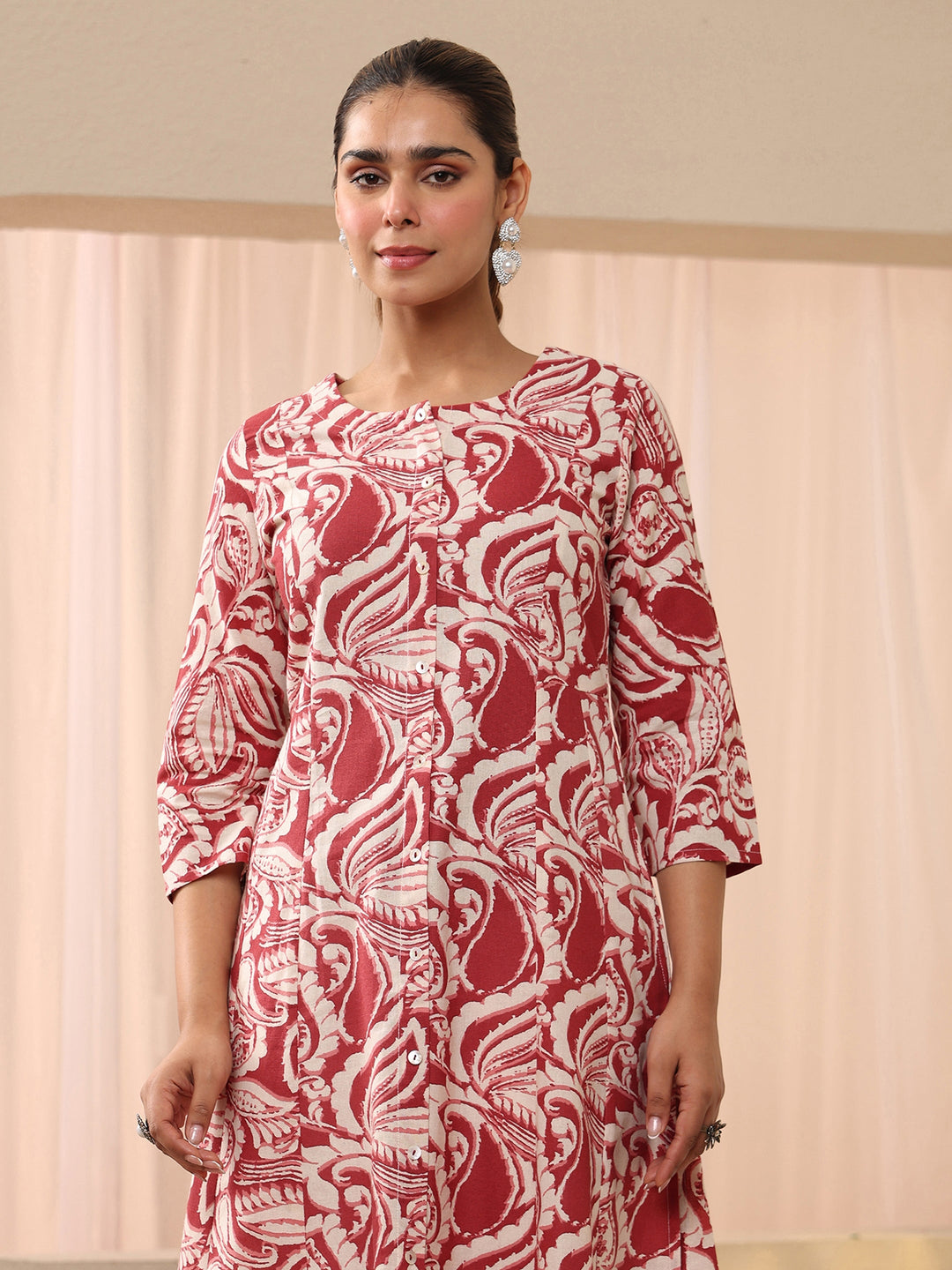  Red Printed Cotton Blend A-Line Shirt Style Kurta 