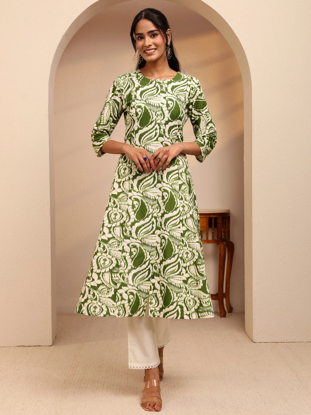  Green Paisley Printed Cotton Blend A-Line Kurta 