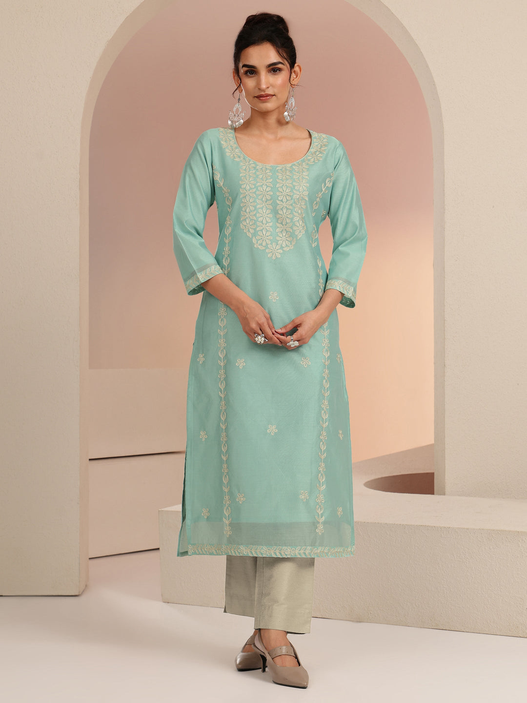  Mint Green Floral Embroidered Silk Blend Straight Kurta 