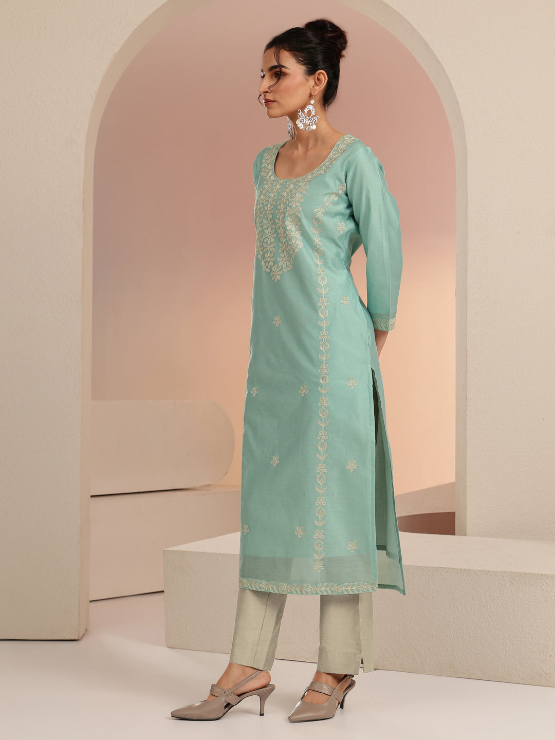  Mint Green Floral Embroidered Silk Blend Straight Kurta 