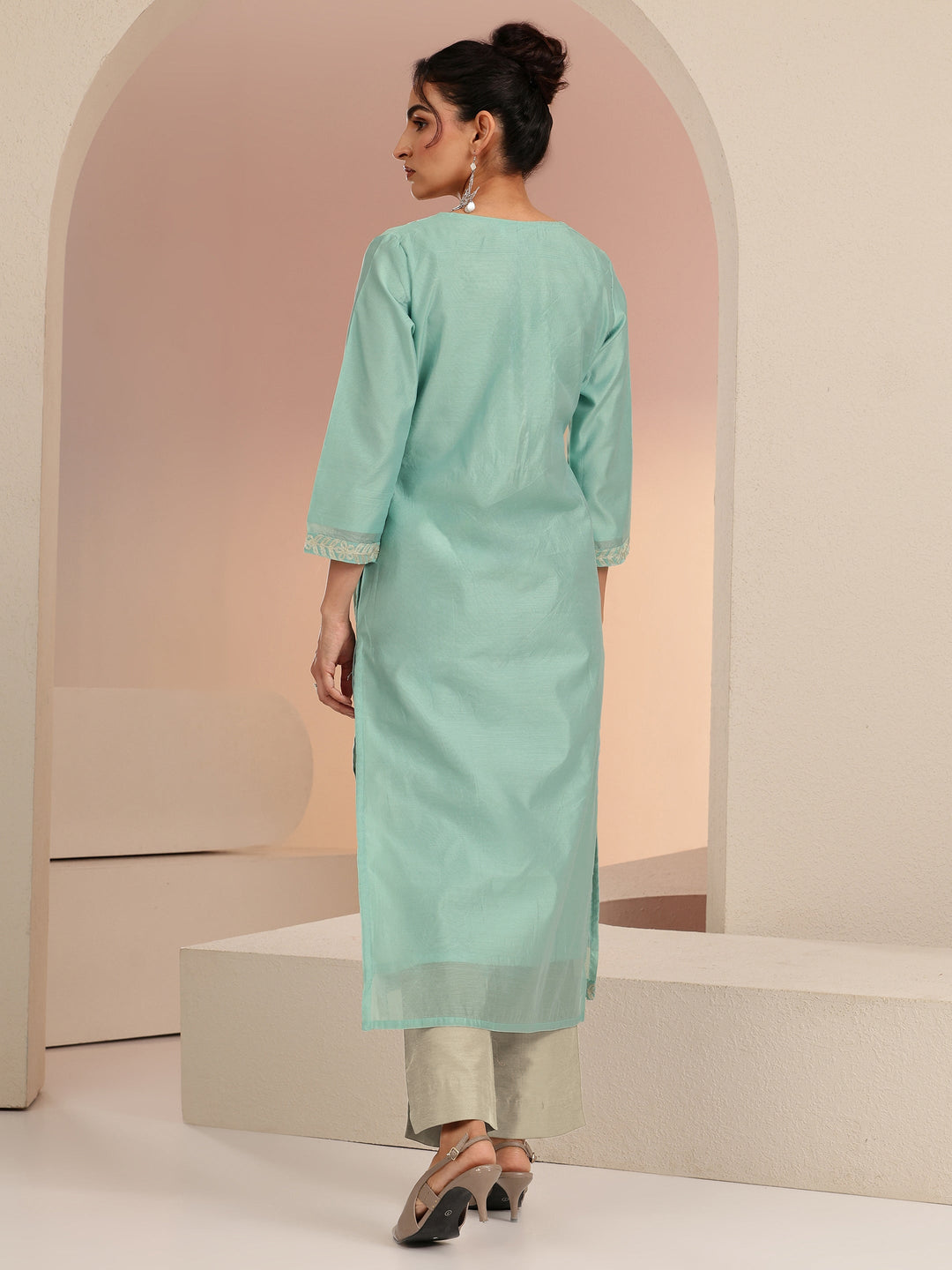  Mint Green Floral Embroidered Silk Blend Straight Kurta 