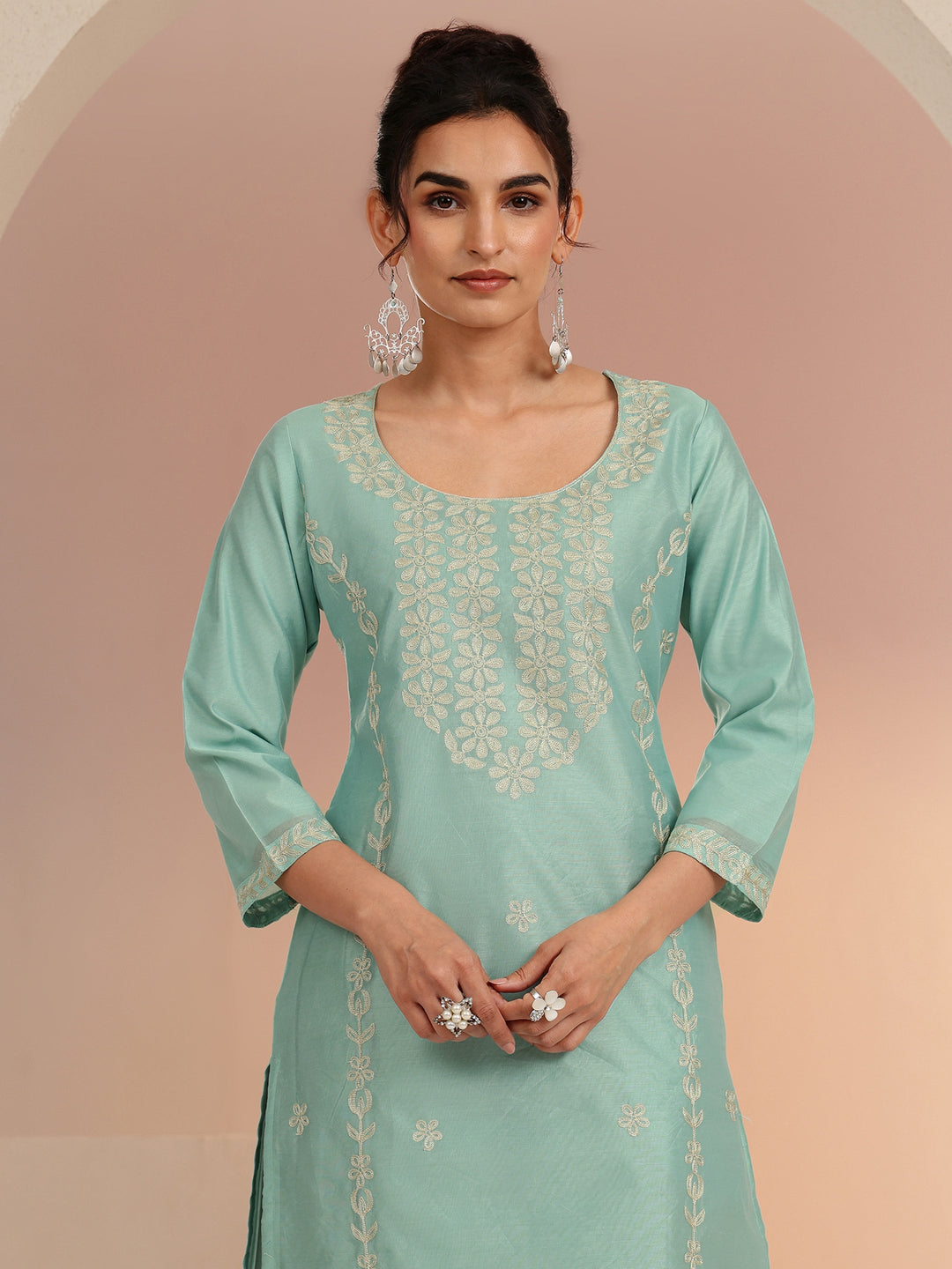  Mint Green Floral Embroidered Silk Blend Straight Kurta 