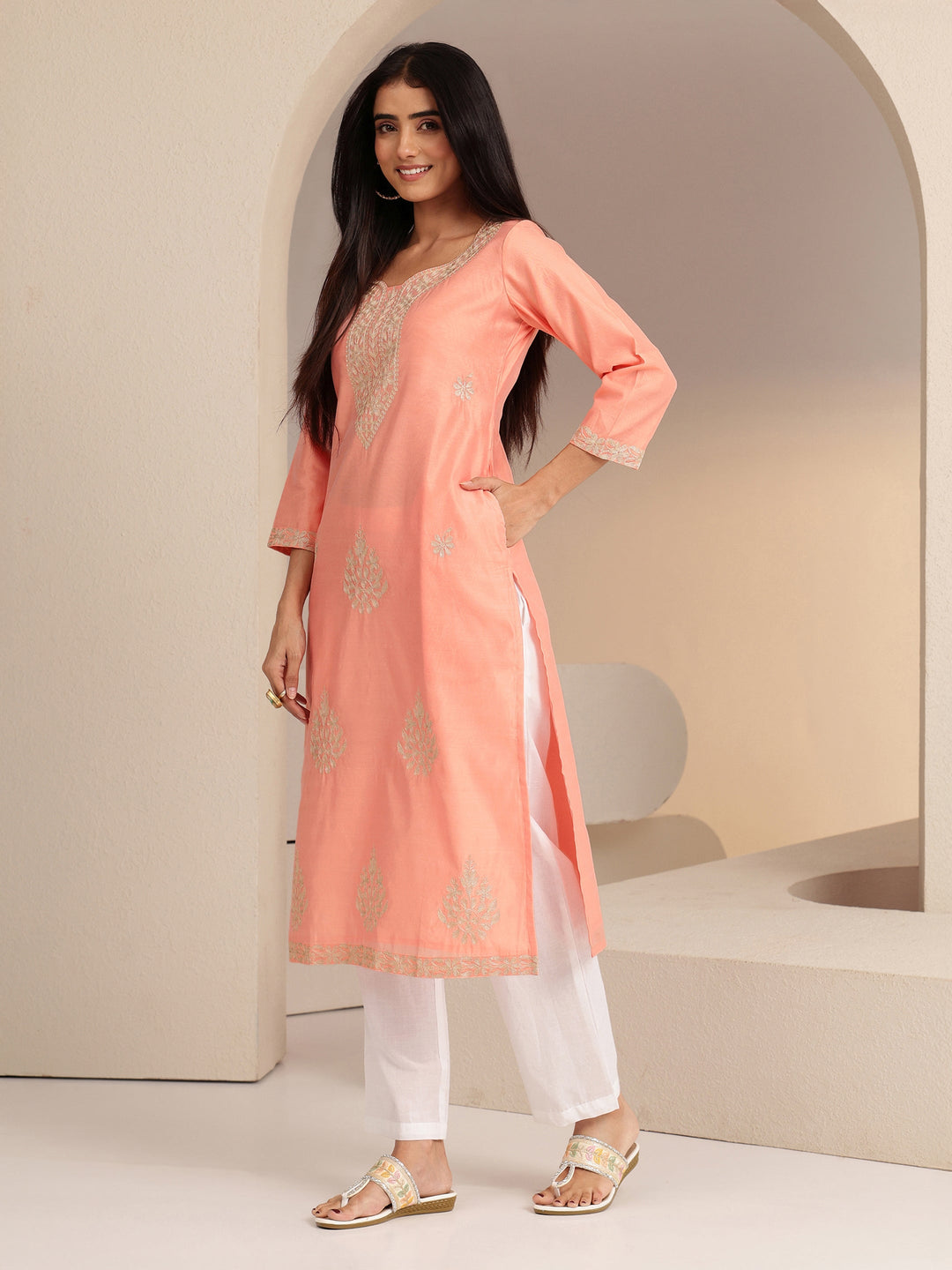  Peach Floral Embroidered Silk Blend Straight Kurta 