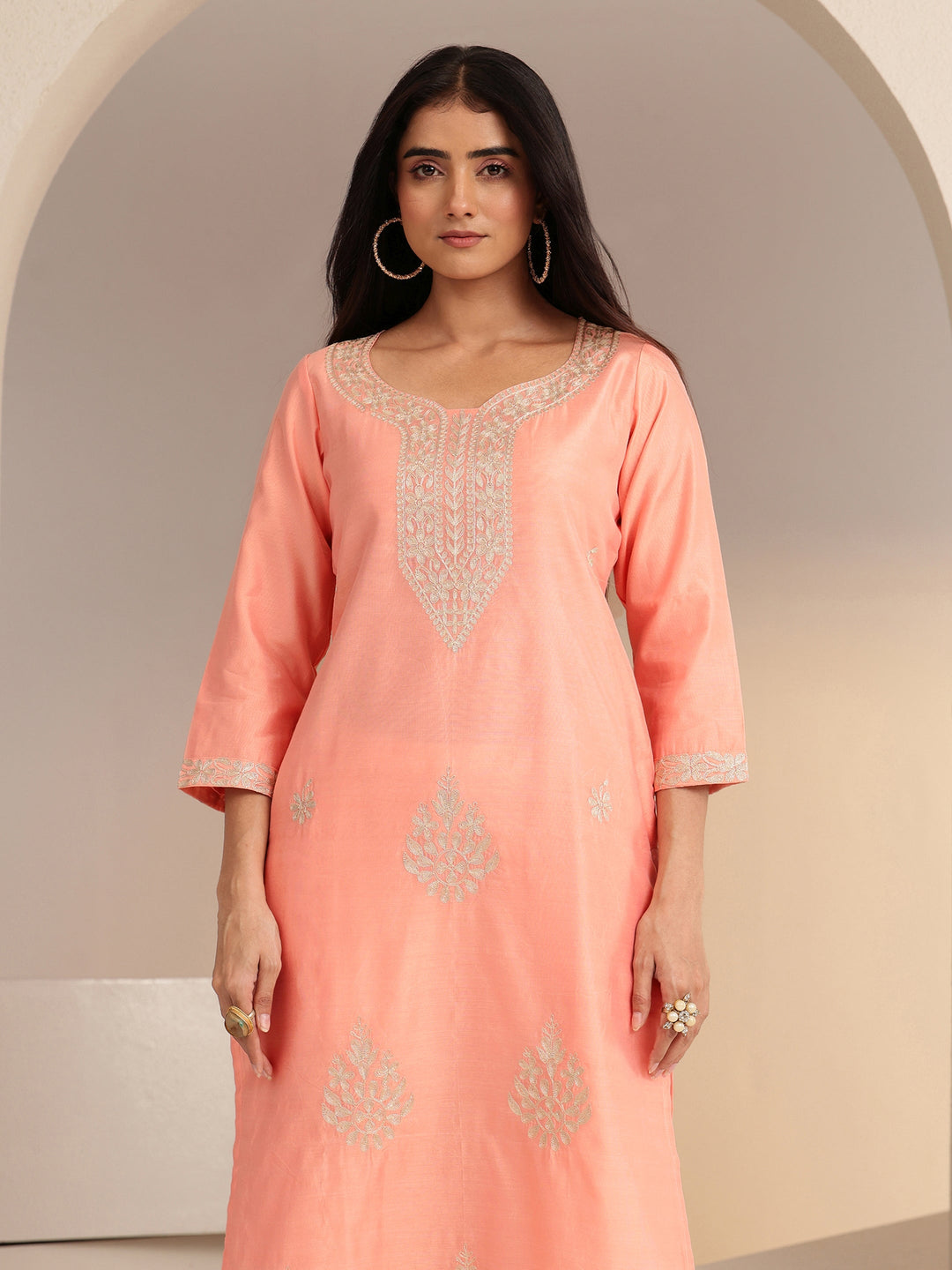  Peach Floral Embroidered Silk Blend Straight Kurta 