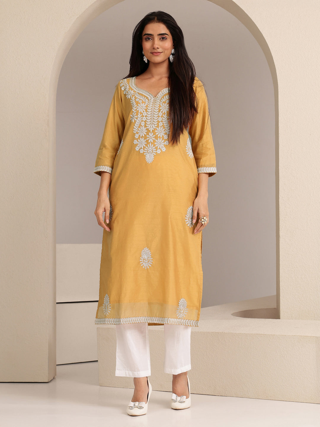  Mustard Floral Embroidered Silk Blend Straight Kurta 