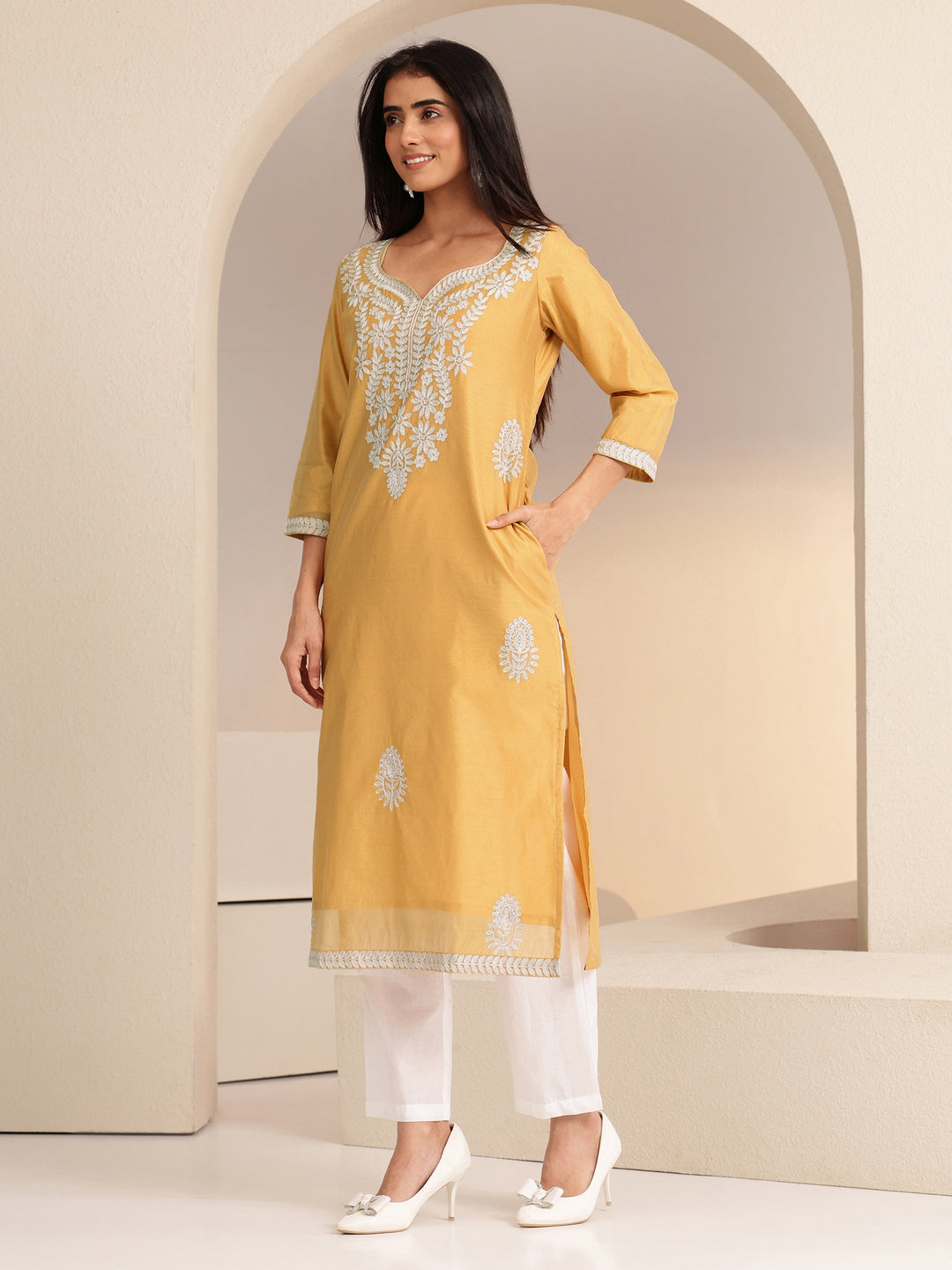  Mustard Floral Embroidered Silk Blend Straight Kurta 