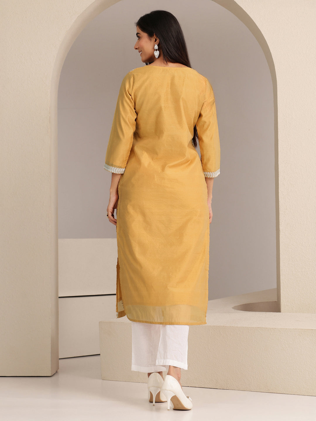  Mustard Floral Embroidered Silk Blend Straight Kurta 