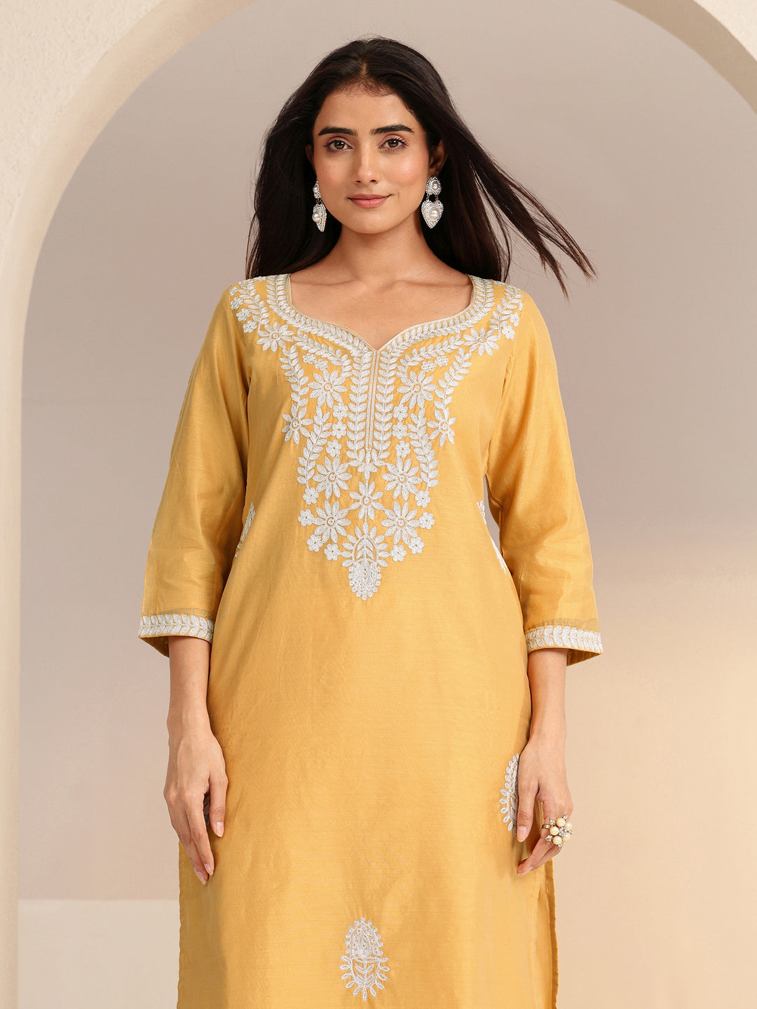  Mustard Floral Embroidered Silk Blend Straight Kurta 