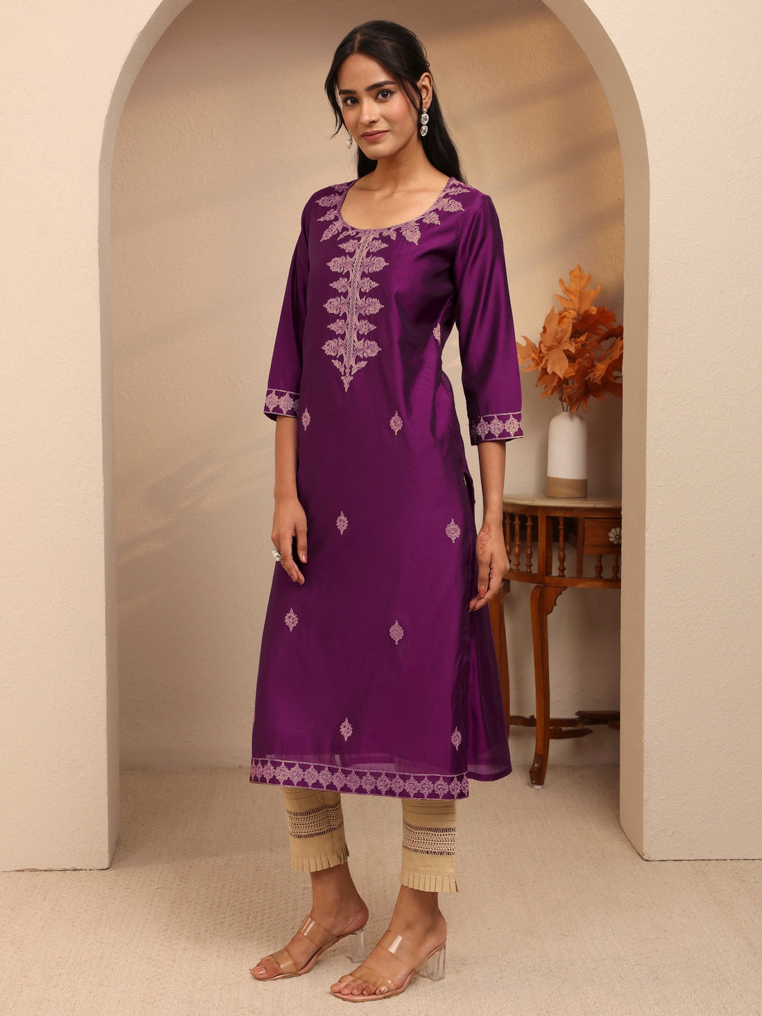  Burgundy Ethnic Motif Embroidered Silk Blend Straight Kurta 
