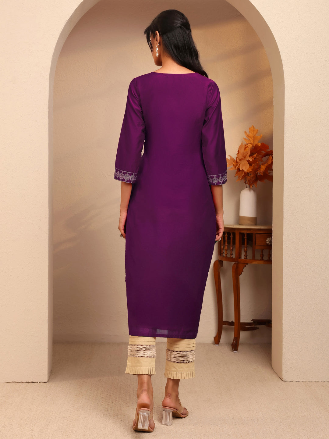  Burgundy Ethnic Motif Embroidered Silk Blend Straight Kurta 