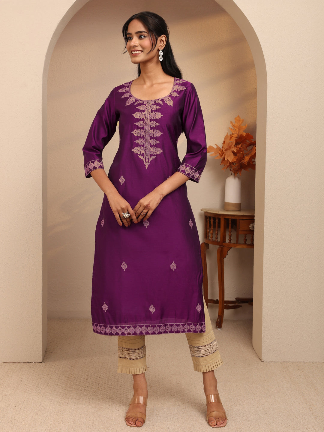  Burgundy Ethnic Motif Embroidered Silk Blend Straight Kurta 