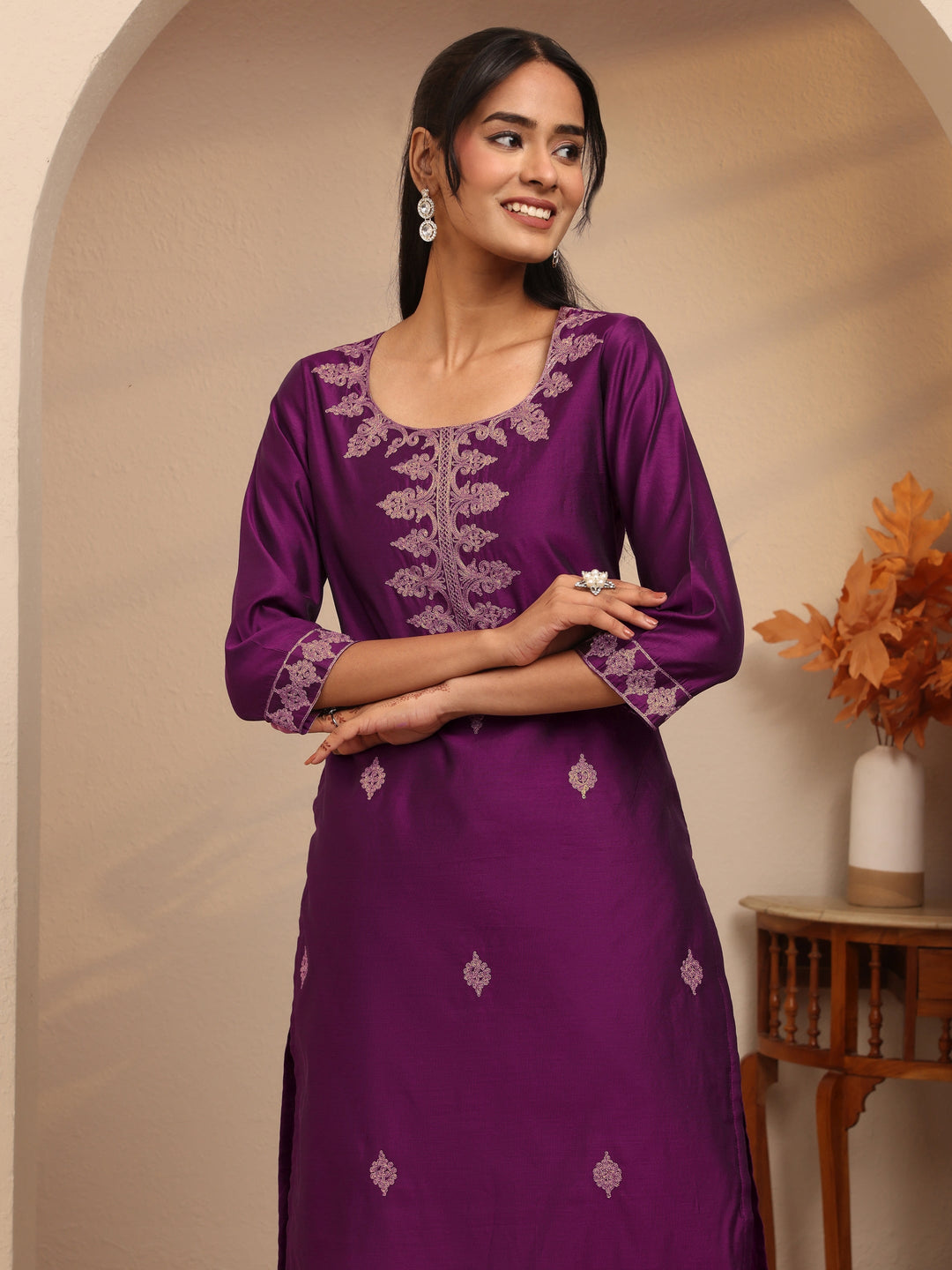  Burgundy Ethnic Motif Embroidered Silk Blend Straight Kurta 