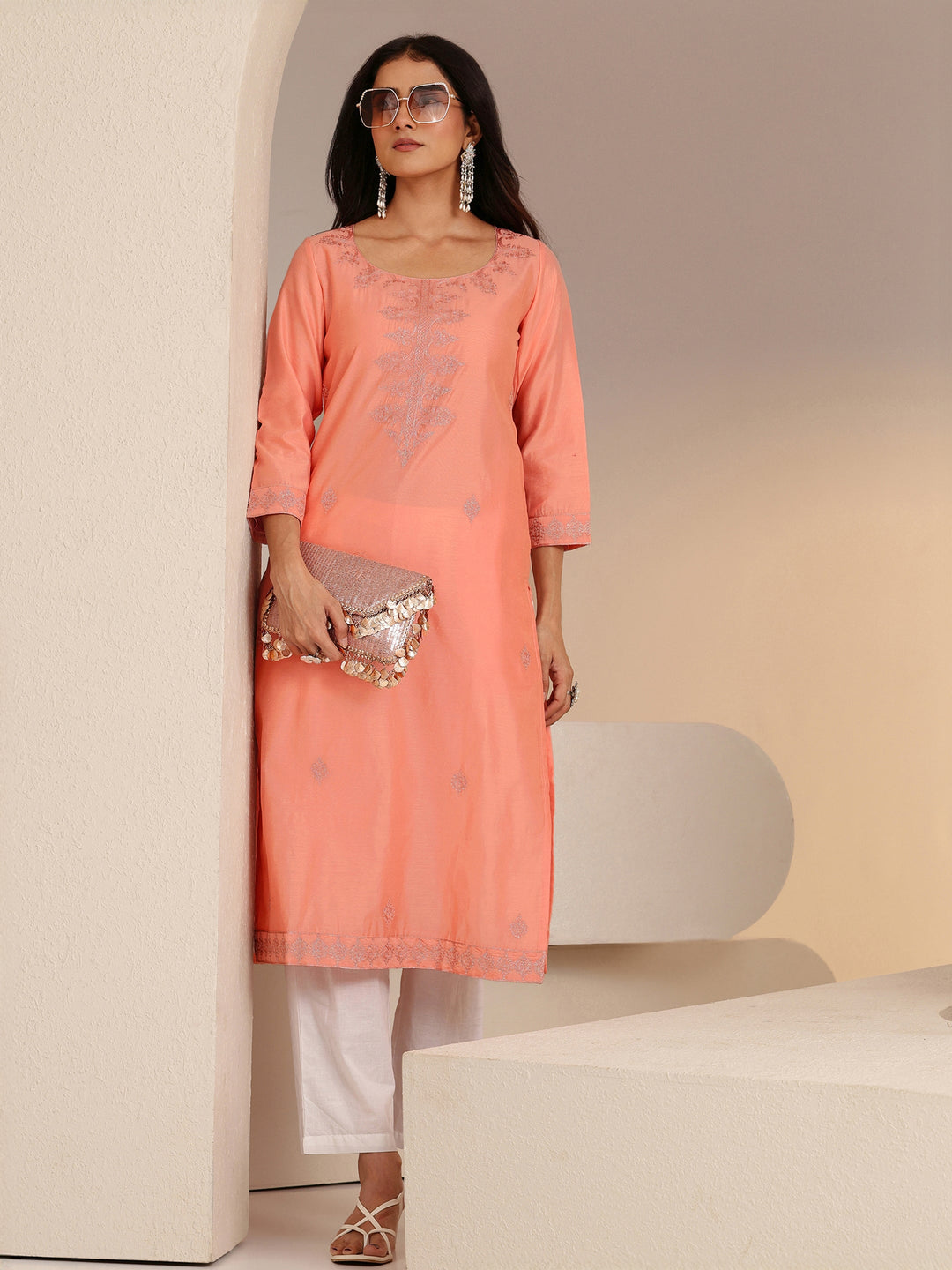  Peach Embroidered Silk Blend Straight Kurta 
