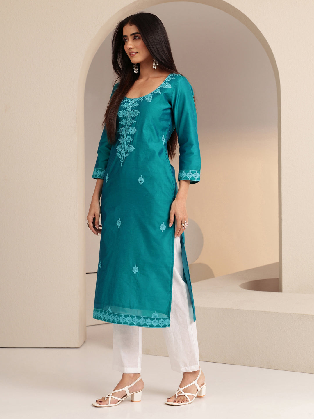  Aqua Blue Embroidered Silk Blend Straight Kurta 