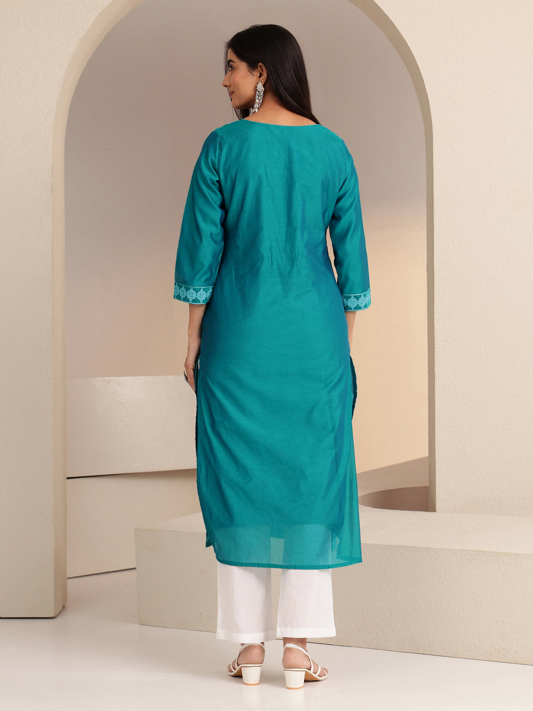  Aqua Blue Embroidered Silk Blend Straight Kurta 