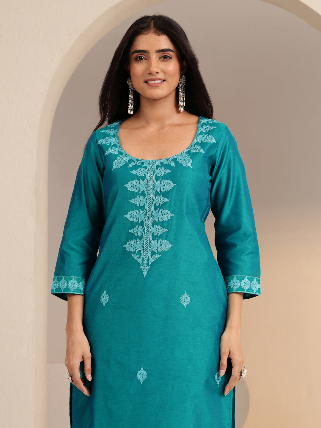  Aqua Blue Embroidered Silk Blend Straight Kurta 