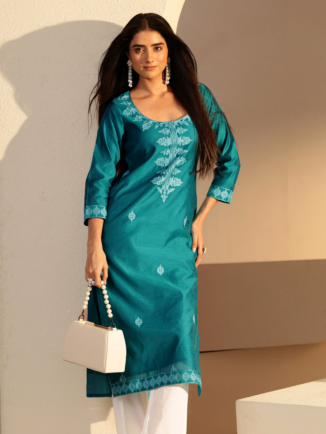  Aqua Blue Embroidered Silk Blend Straight Kurta 