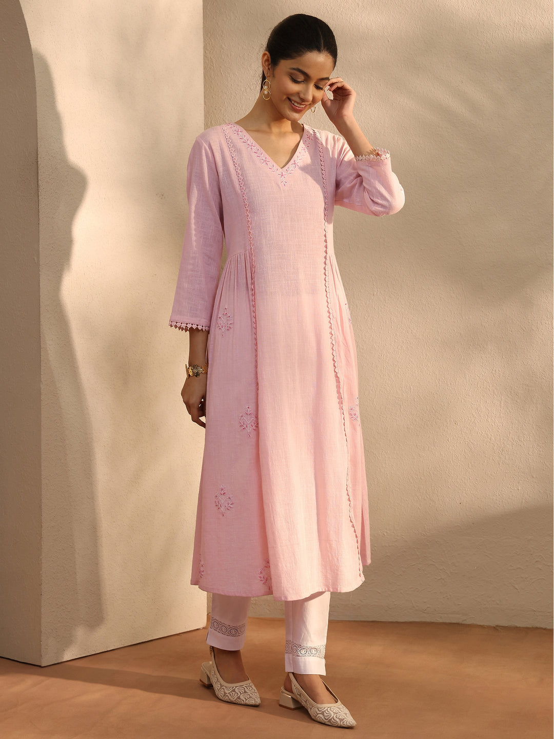 Pink Embroidered Cotton A-Line Kurta 