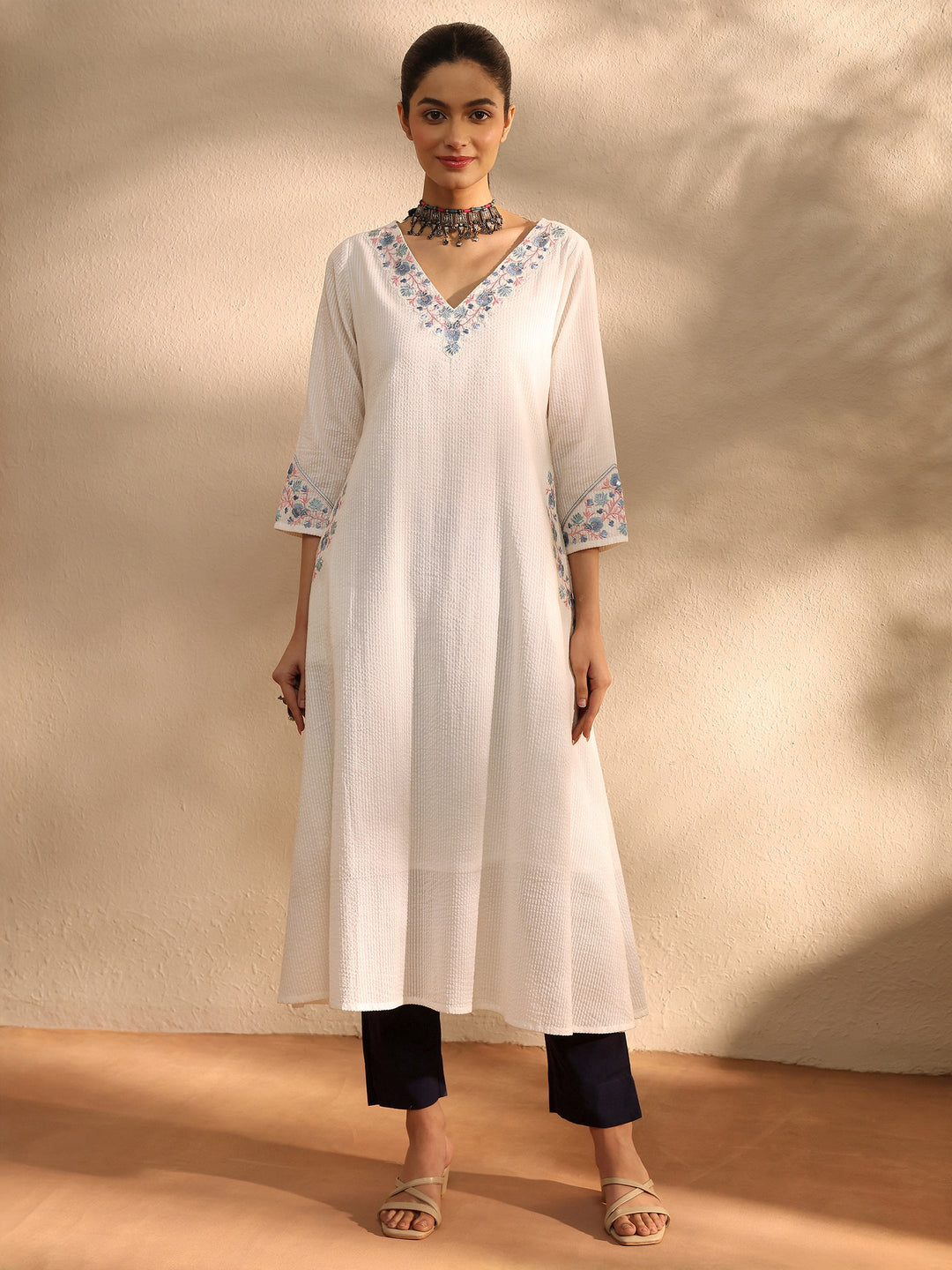  White Yoke Design Cotton A-Line Kurta 