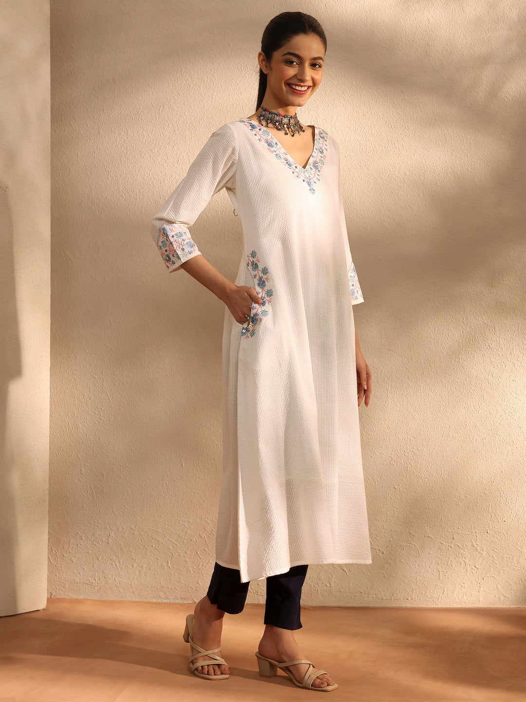  White Yoke Design Cotton A-Line Kurta 