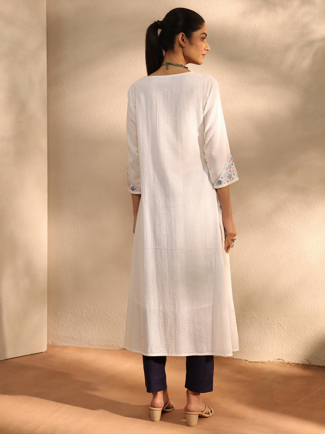  White Yoke Design Cotton A-Line Kurta 