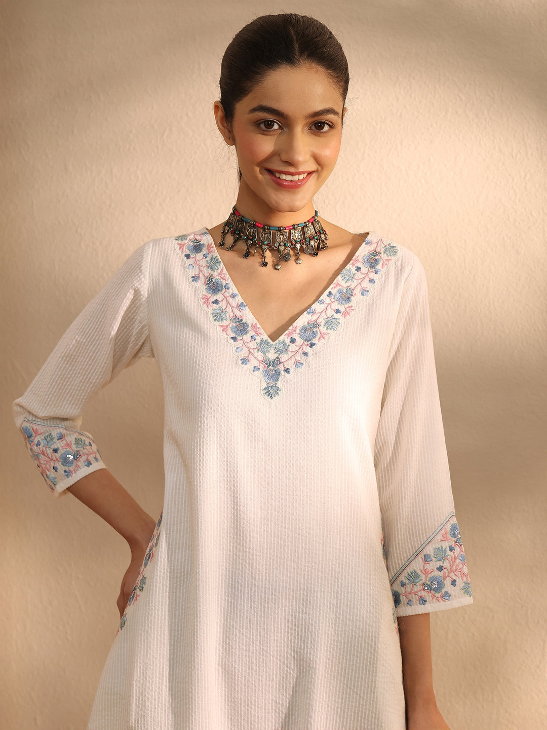  White Yoke Design Cotton A-Line Kurta 