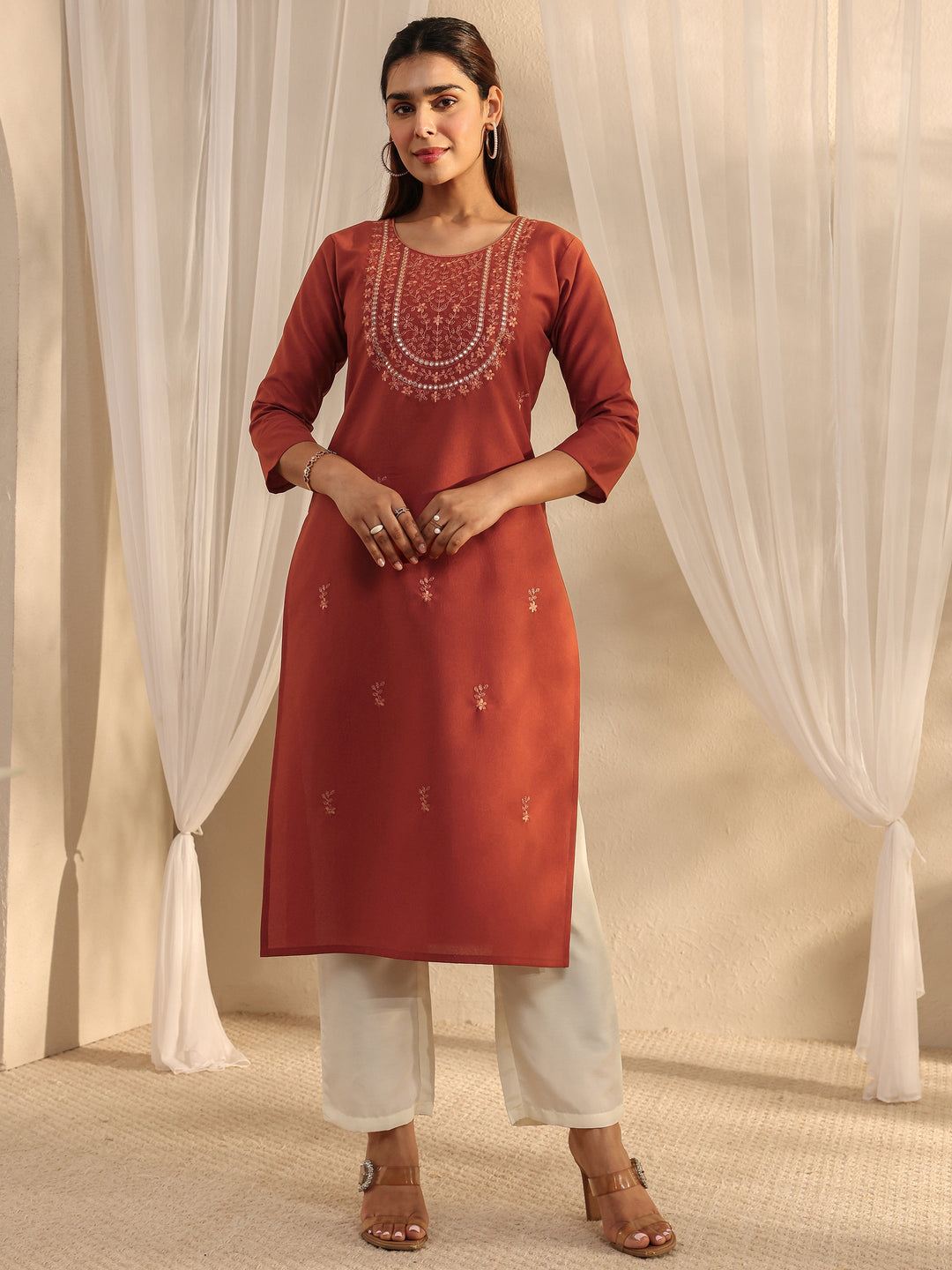  Rust Floral Embroidered Silk Blend Straight Kurta 