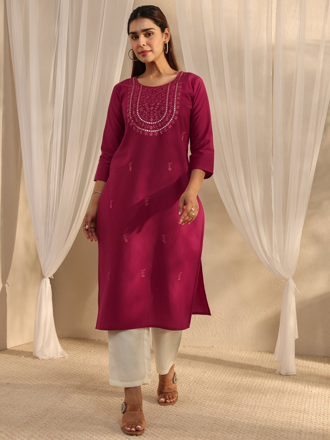  Maroon Floral Embroidered Silk Blend Straight Kurta 