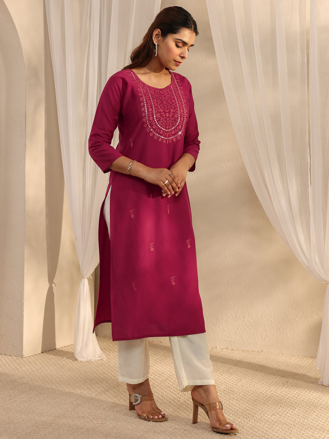  Maroon Floral Embroidered Silk Blend Straight Kurta 