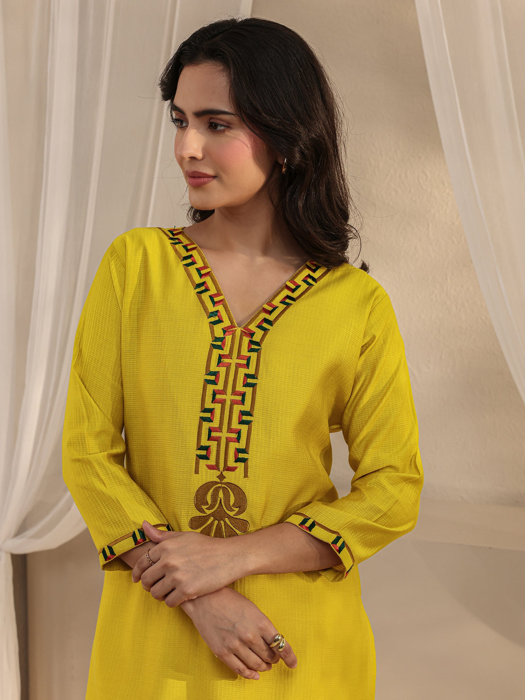  Mustard Embroidered Silk Blend Straight Kurta 