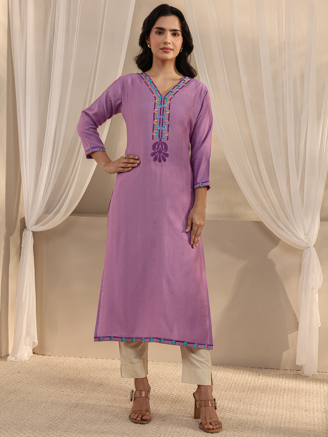  Lavender Embroidered Silk Blend Straight Kurta 