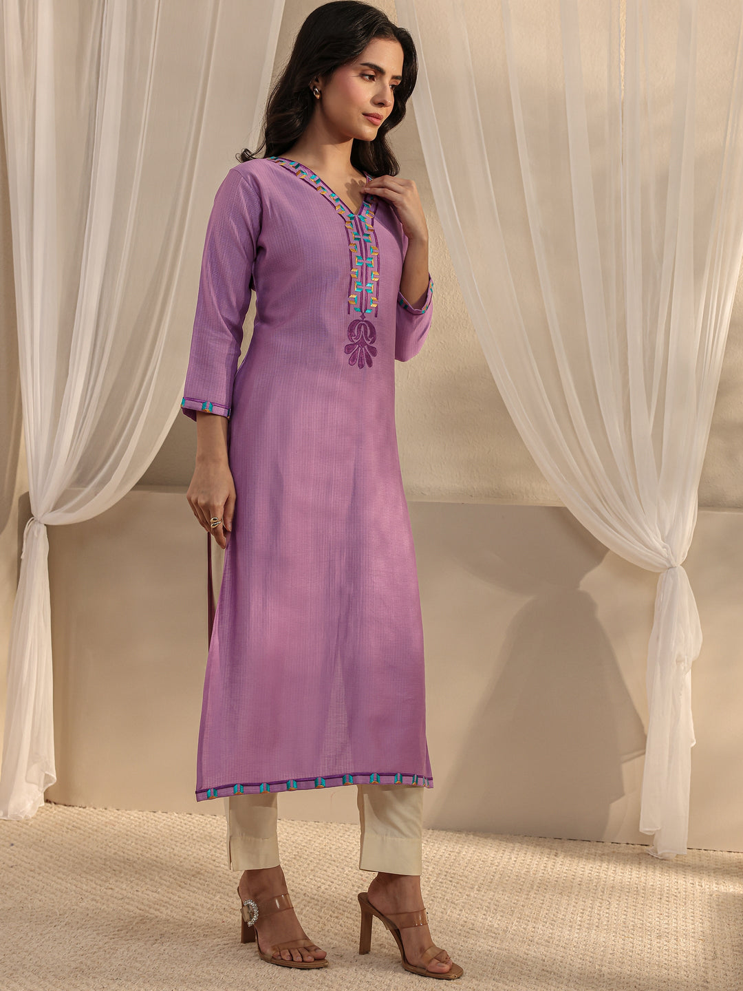  Lavender Embroidered Silk Blend Straight Kurta 