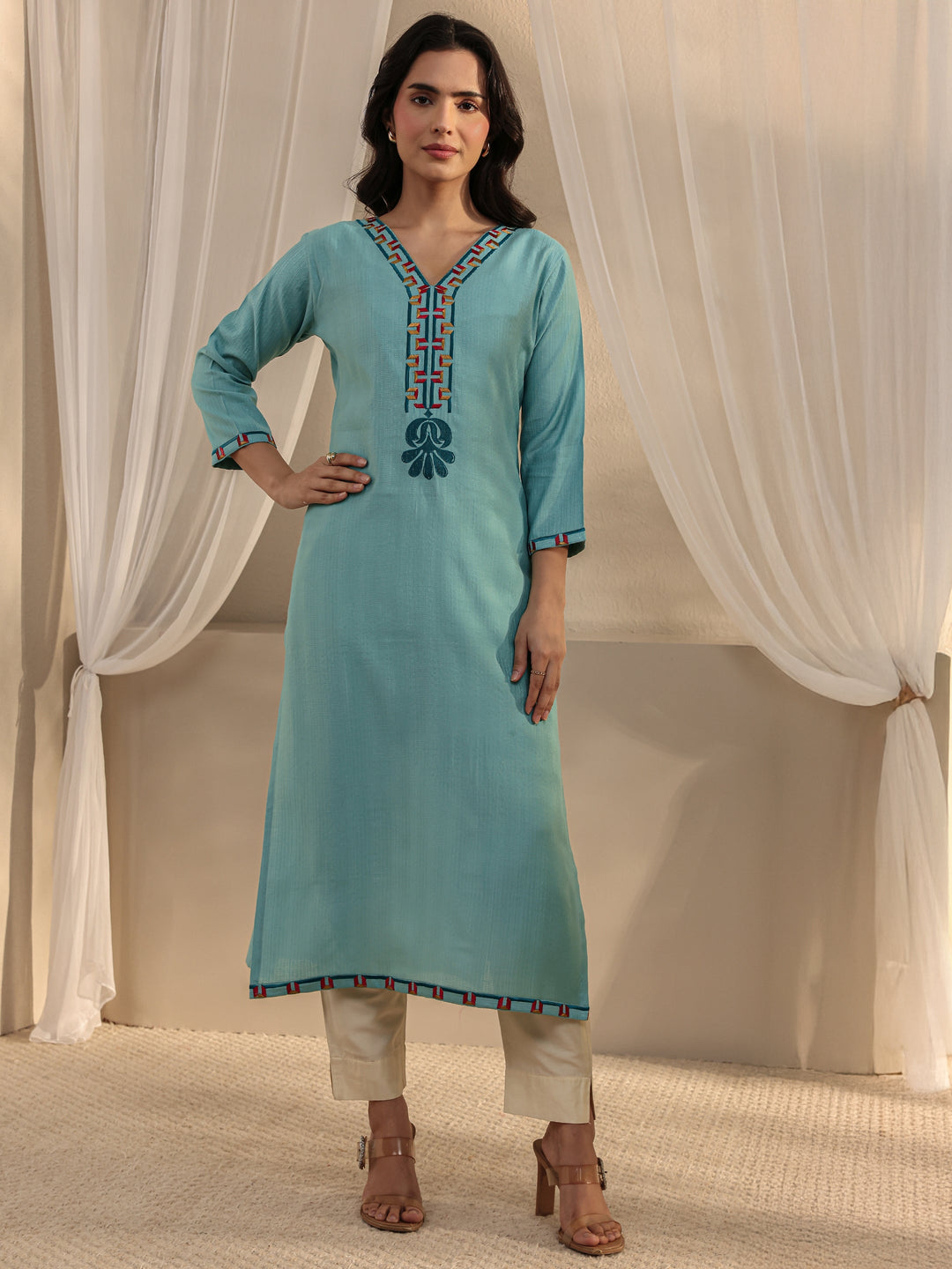  Blue Embroidered Silk Blend Straight Kurta 