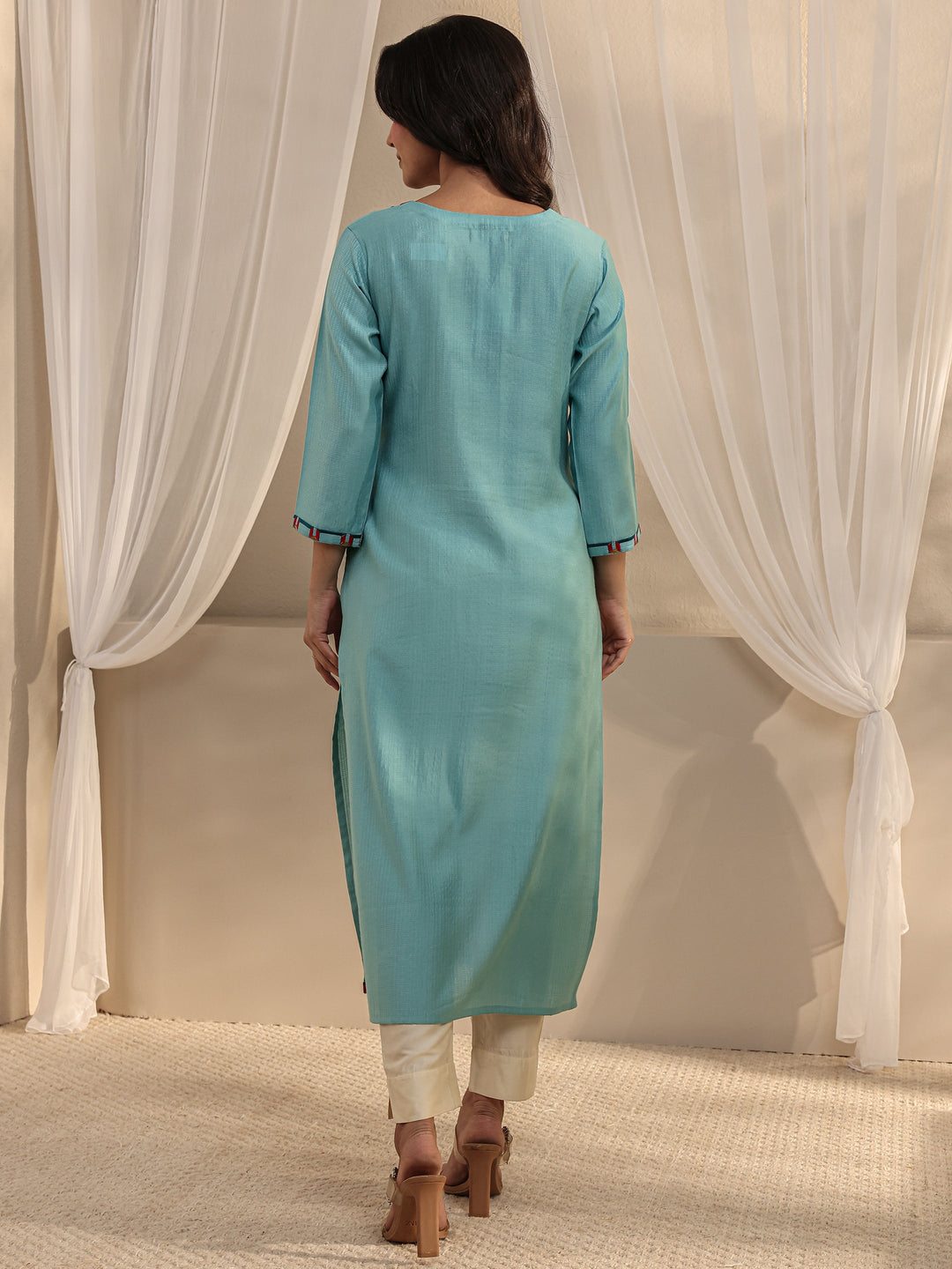  Blue Embroidered Silk Blend Straight Kurta 