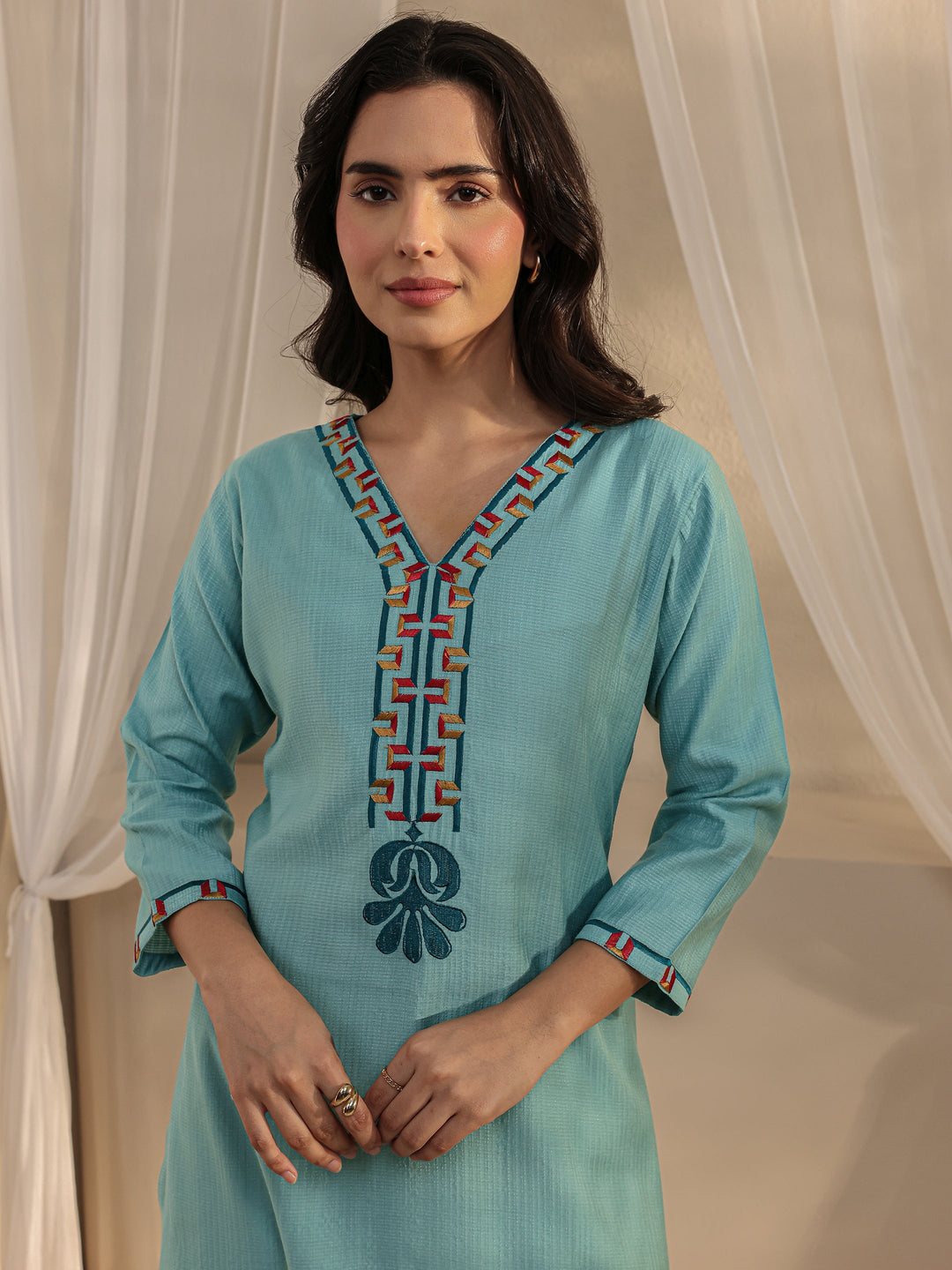  Blue Embroidered Silk Blend Straight Kurta 